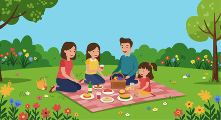 Obraz premium Happy Family Picnic in Park Vector Illustration