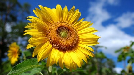 Naklejka premium Large sunflower under sunny sky