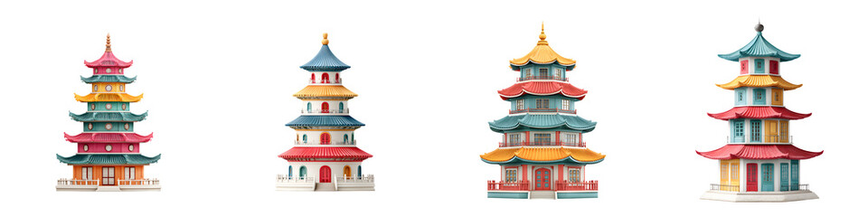 Colorful Asian Pagodas Set: Illustration of Traditional Chinese Architecture