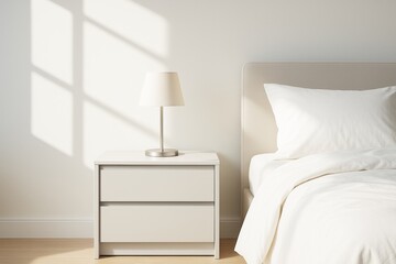 Minimalist bedroom interior with soft morning light, white bedding, and modern nightstand with lamp in calm and peaceful lifestyle setting.
