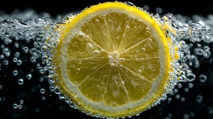 Lemon slice in water with bubbles