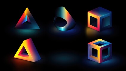 Abstract 3D shapes in vibrant neon colors on black background