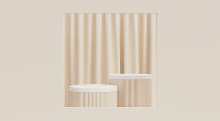 Beige podium, beige background with curtain for displaying products, cosmetics, fashion, popular premium perfumes, 3D illustration.