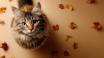 Fluffy Tabby Cat Sitting Among Autumn Leaves