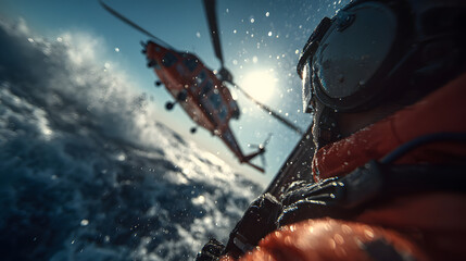 A visual of a rescue operation in progress featuring a helicopter hovering above the ocean while a crew member holds up an activated EPIRB sending a distress signal with visible waves