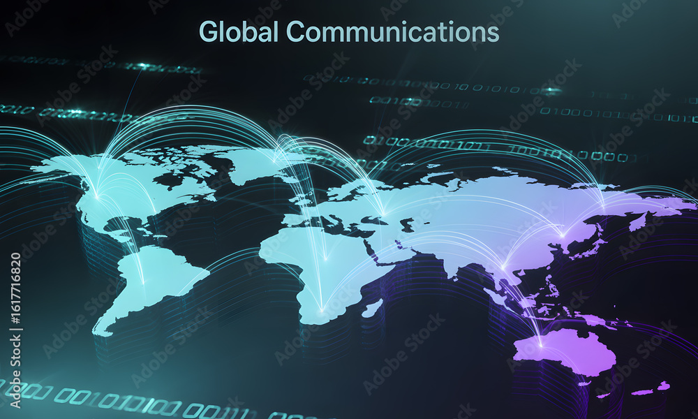 Poster global communication network concept with world map and glowing connections