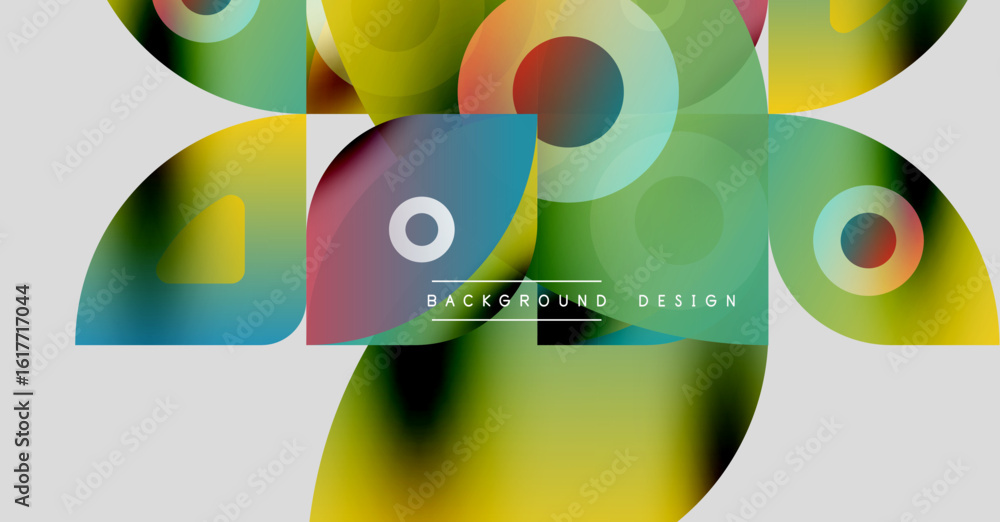 Poster abstract colorful shapes overlap. modern design features gradients, circles, squares. minimalist sty
