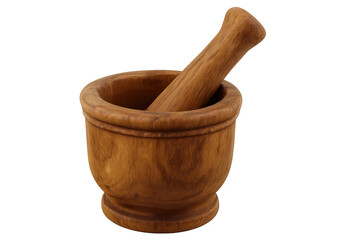 Empty wooden mortar and pestle isolated on transparent background, ready for grinding spices and herbs