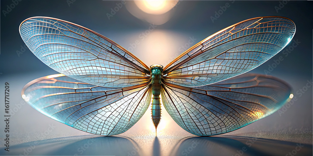 Poster a dragonfly with translucent wings rests on a surface, highlighting its complex veining and shimmeri