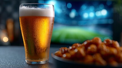 A pint of beer sits beside a plate of food with a blurred TV showing a soccer field in the background