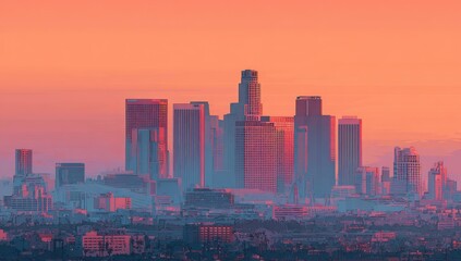 Fototapeta premium Sunset cityscape, hazy, warm tones, skyscrapers