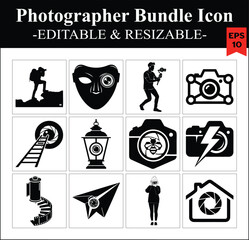 Photographer Bundle Icons Black And White Photography Vector Set Illustrations