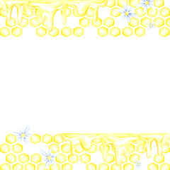 Obraz premium Golden honey comb frame border, hand drawn watercolor cell with chamomiles illustration isolated on white background. Can be used for cards, invitation and other printed products.