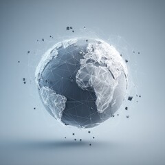 3D globe, network of lines, polygonal continents, scattered cubes