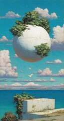 Floating sphere amidst idyllic landscape