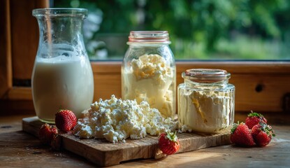 Dairy products and strawberries on a wooden board