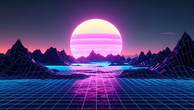 Retrofuturistic landscape with a vibrant sun