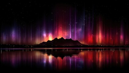 Aurora borealis over a lake reflecting mountains