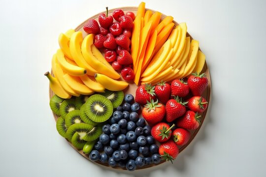Bird's eye view of a vibrant and colorful pie chart made of assorted fruits symbolizing financial assets and liabilities.