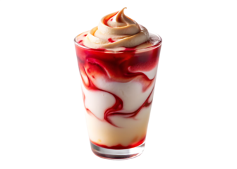 Delicious strawberry swirl creamy frappuccino drink on black background