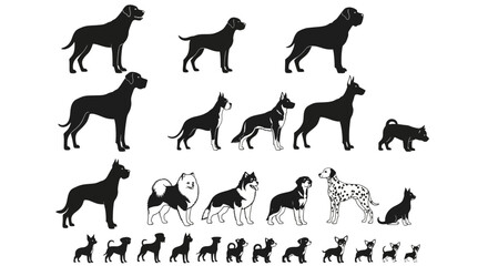 Fototapeta premium Collection of dog breed silhouettes in various sizes and shapes on a white background vector art