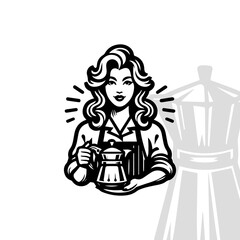 Retro Coffee Maker Woman Vintage Style Coffee Barista Illustration.