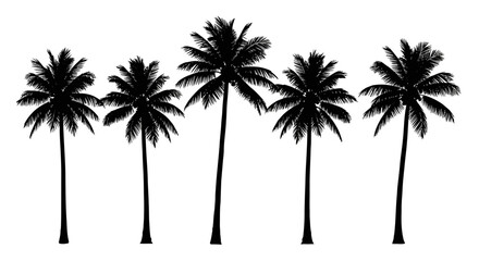 Silhouette of five palm trees isolated against a white background in a simple tropical design style