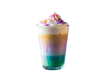 Vibrant rainbow layered drink topped with whipped cream and sprinkles