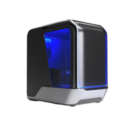 Futuristic computer case, angled view, featuring a sleek design with illuminated accents