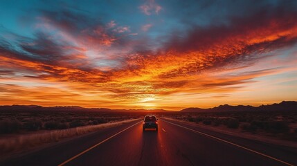 Naklejka premium A car travels a highway at sunrise through a colorful sky.