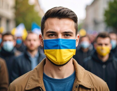 Man Wearing Ukrainian Flag Face Mask in Crowd