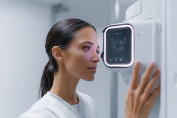 AI-powered dermatology scanner scanning patient skin, skin texture in high detail, clean tech interface 