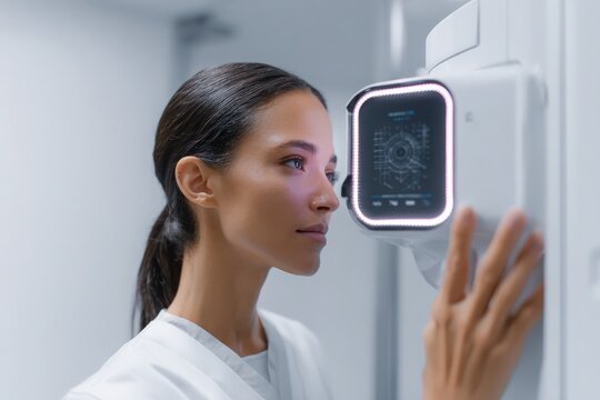 AI-powered dermatology scanner scanning patient skin, skin texture in high detail, clean tech interface 