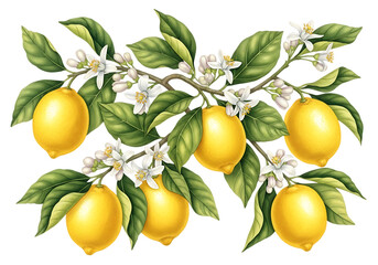 Lemon Branch with Fruit, Leaves, and Blossoms - Isolated on transparent background

