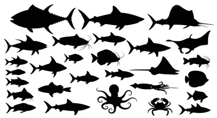 Fototapeta premium Silhouette of various sea creatures including fish sharks rays and invertebrates in a group