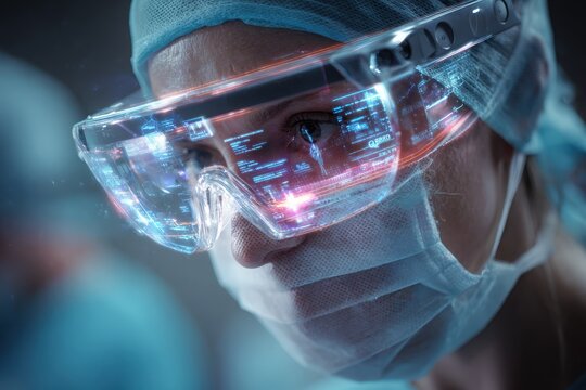 Augmented reality glasses used by doctor during surgery, with floating holographic data