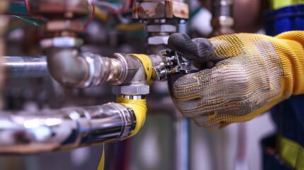A plumber repairs a faucet by wrapping a special tape around the pipes. This tape helps keep water from leaking.
