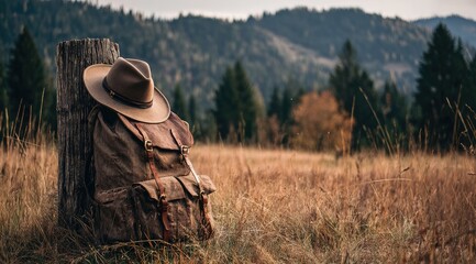 Obraz premium A rustic backpack rests by a weathered log in a golden field