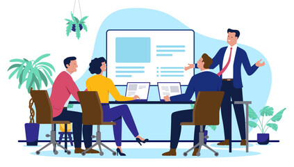 A business meeting in an office, with a team of people collaborating, discussing, and developing a new project or a strategy. Businesspeople discussing concept in flat design vector illustration