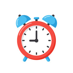 A vibrant illustration of a red and blue alarm clock against a clean white background, symbolizing punctuality and time management in a simple, flat design.