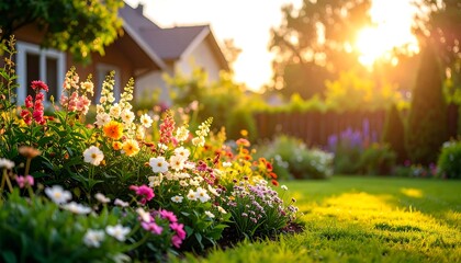 Obraz premium Colorful flower garden at sunset