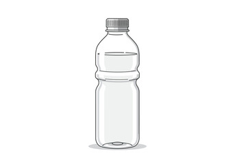 A plastic water bottle with a grey cap and partially filled with clear liquid