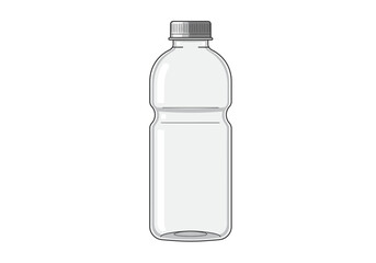 Clear plastic water bottle with gray cap standing upright against a white background