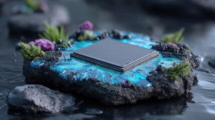 Technological innovation showcase virtual environment digital render futuristic landscape close-up conceptual design