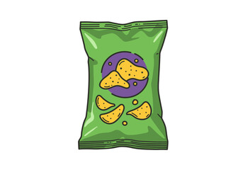 Green chip bag features yellow chips and a purple circle graphic on a white background