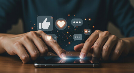 Person using smartphone with social media icons floating