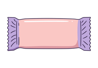 A cartoon candy in a pink wrapper with purple crimped ends and a thin black outline