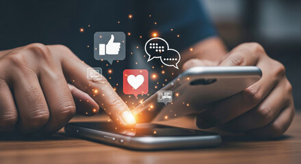 Person using smartphone with social media icons floating