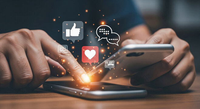 Person using smartphone with social media icons floating