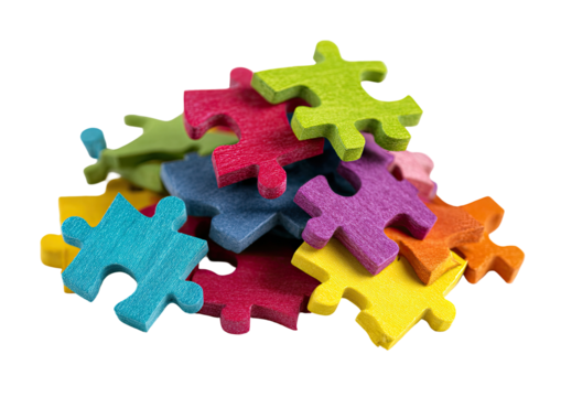 Colorful puzzle pieces clustered together
